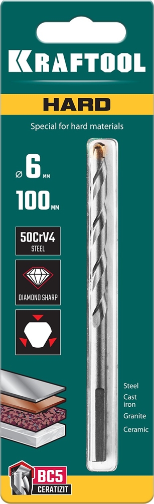 KRAFTOOL  Hard, 6 х 100 мм, тв.сплав ВС5, сверло специальное по твёрдым материалам (29177-100-6) 29177-100-6