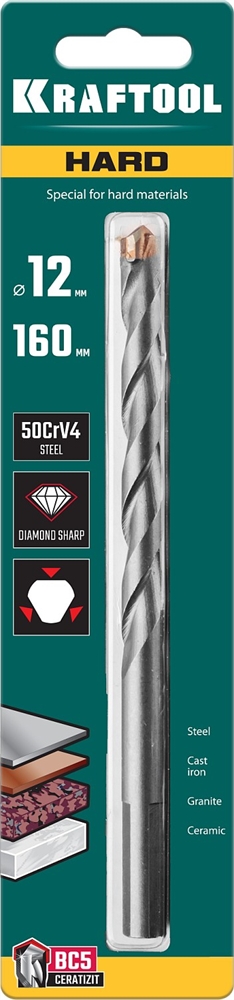KRAFTOOL  Hard, 12 х 160 мм, тв.сплав ВС5, сверло специальное по твёрдым материалам (29177-160-12) 29177-160-12