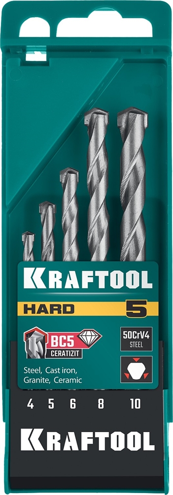 KRAFTOOL  Hard, 5 шт: 4-5-6-8-10 мм, набор сверл по по твёрдым материалам, 29177-H5 29177-H5