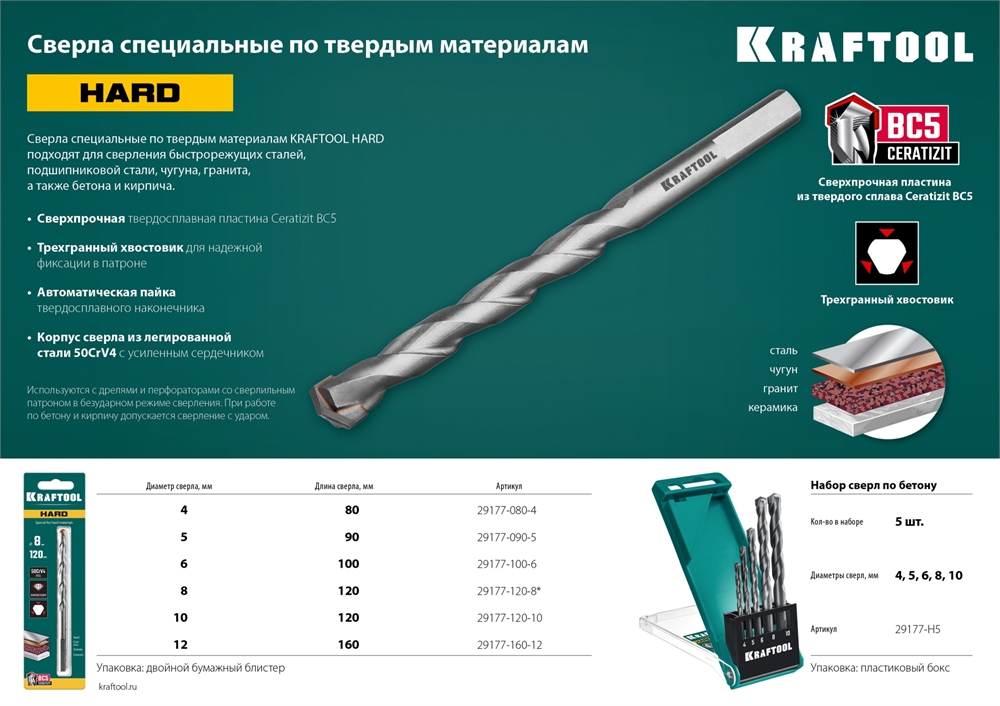 KRAFTOOL  Hard, 5 шт: 4-5-6-8-10 мм, набор сверл по по твёрдым материалам, 29177-H5 29177-H5
