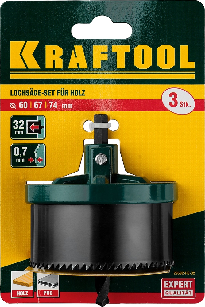 KRAFTOOL  3 шт, (60-67-74 x 32 мм), наборная кольцевая пила по дереву (29582-H3-32) 29582-H3-32