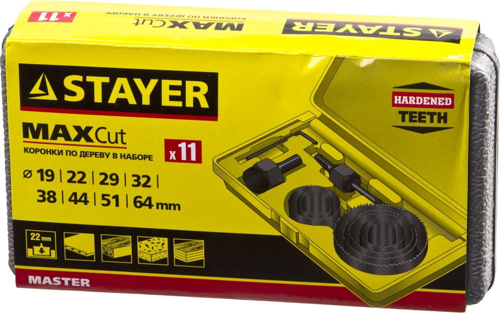 STAYER  Maxcut, 9 шт, 19-64 мм, набор кольцевых коронок по дереву (29600-H11) 29600-H11