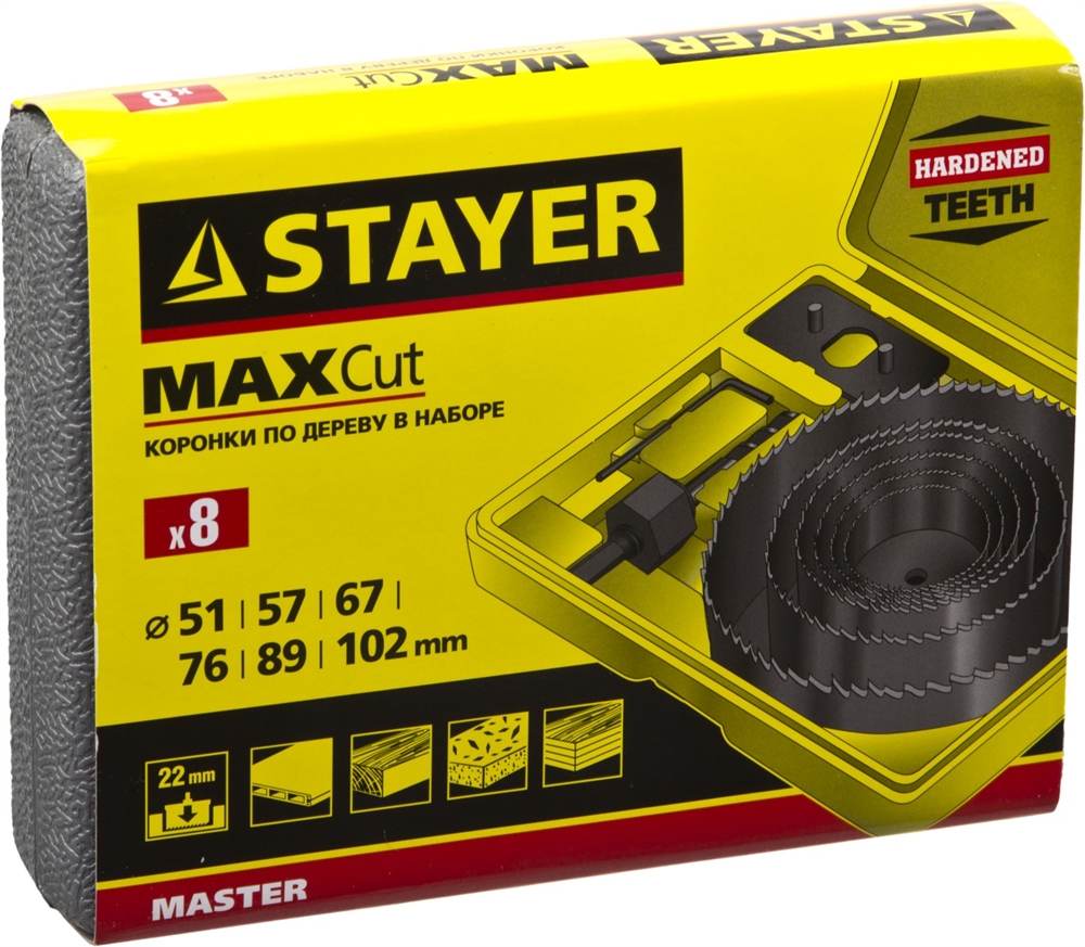 STAYER  Maxcut, 6 шт, 51-102 мм, набор кольцевых коронок по дереву (29600-H8) 29600-H8