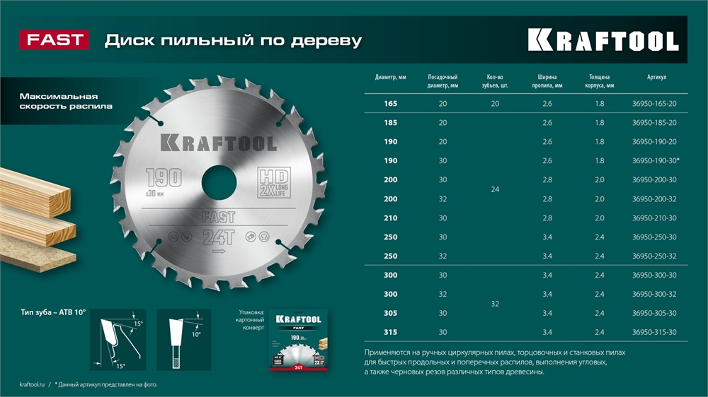 KRAFTOOL  Fast, 165 х 20 мм, 20Т, пильный диск по дереву (36950-165-20) 36950-165-20
