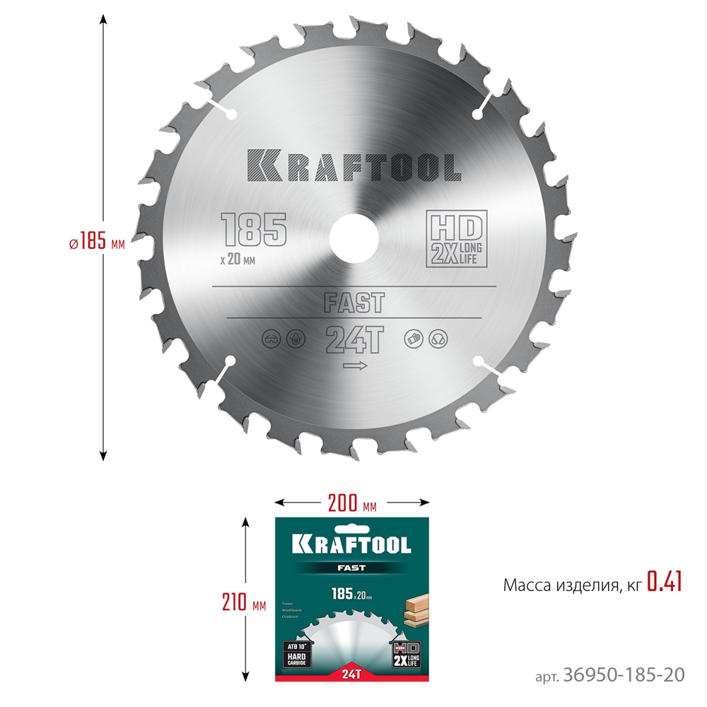 KRAFTOOL  Fast, 185 х 20 мм, 24Т, пильный диск по дереву (36950-185-20) 36950-185-20