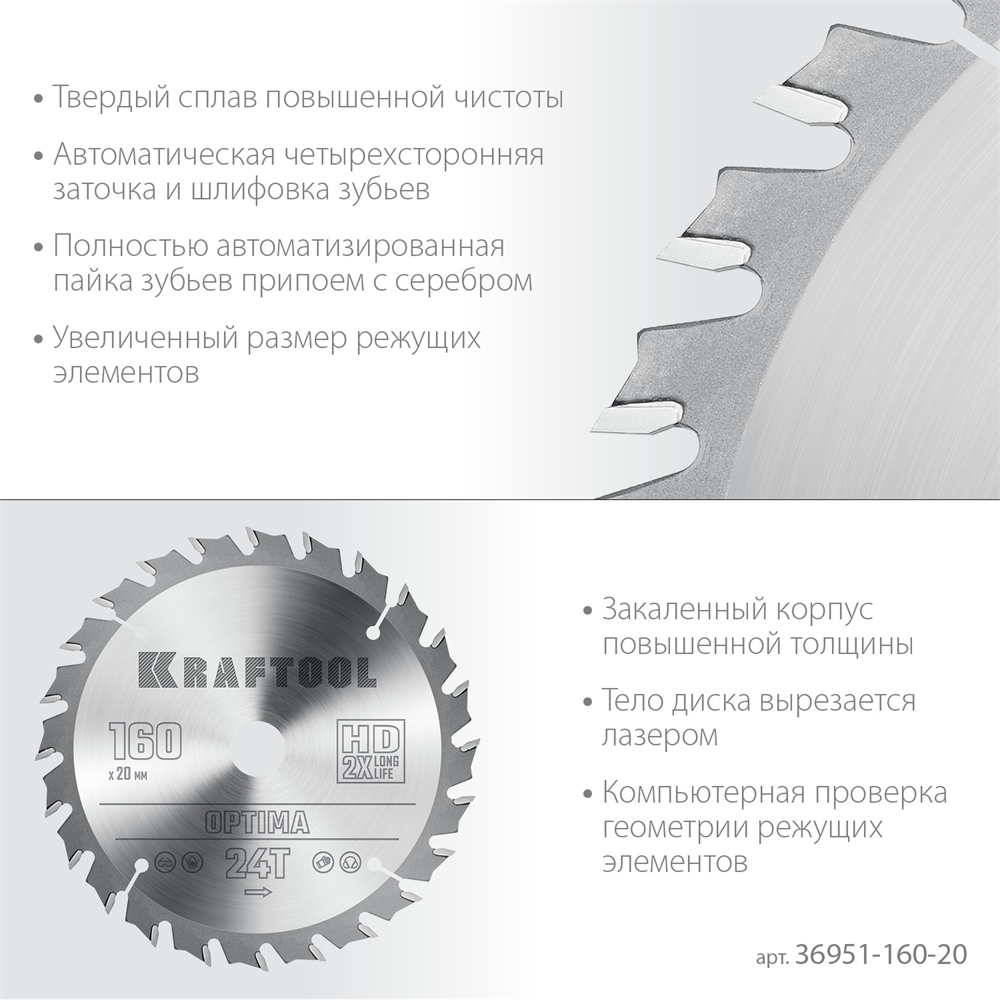 KRAFTOOL  Optima, 160 х 20 мм, 24Т, пильный диск по дереву (36951-160-20) 36951-160-20