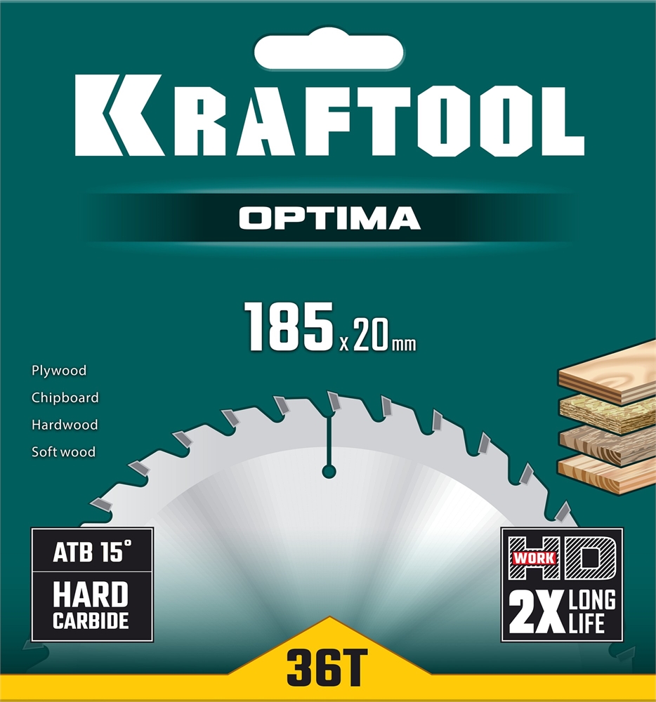 KRAFTOOL  Optima, 185 х 20 мм, 36Т, пильный диск по дереву (36951-185-20) 36951-185-20