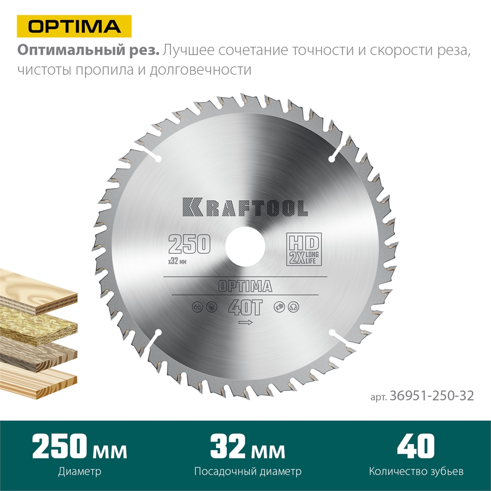 KRAFTOOL  Optima, 250 х 32 мм, 40Т, пильный диск по дереву (36951-250-32) 36951-250-32