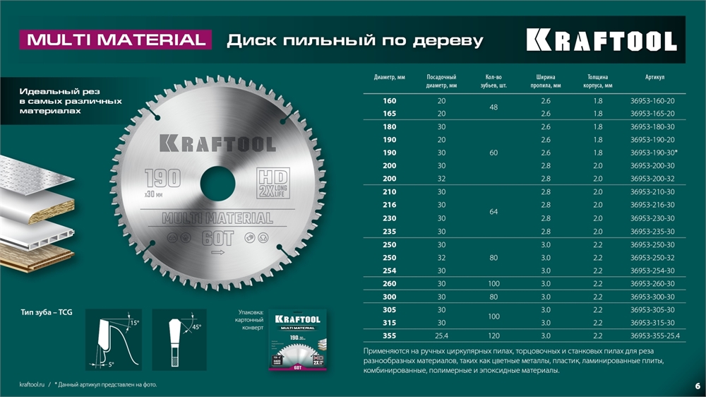 KRAFTOOL  Multi Material, 254 х 30 мм, 80Т, пильный диск по алюминию (36953-254-30) 36953-254-30