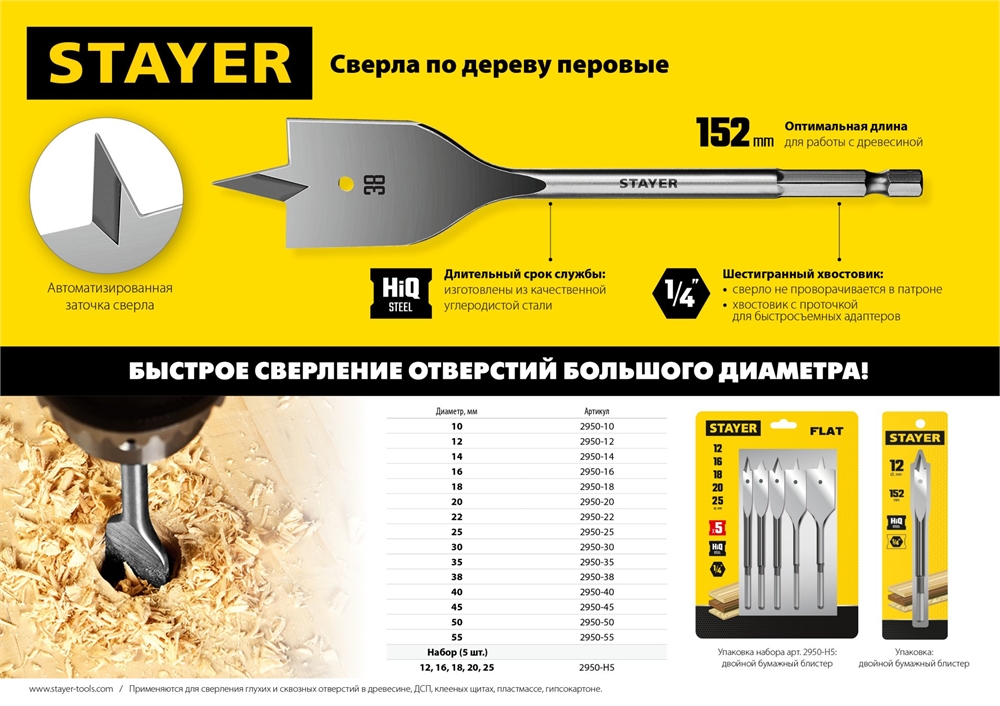 STAYER  Flat, 55 x 152 мм, перовое, cверло по дереву (2950-55) 2950-55_z01