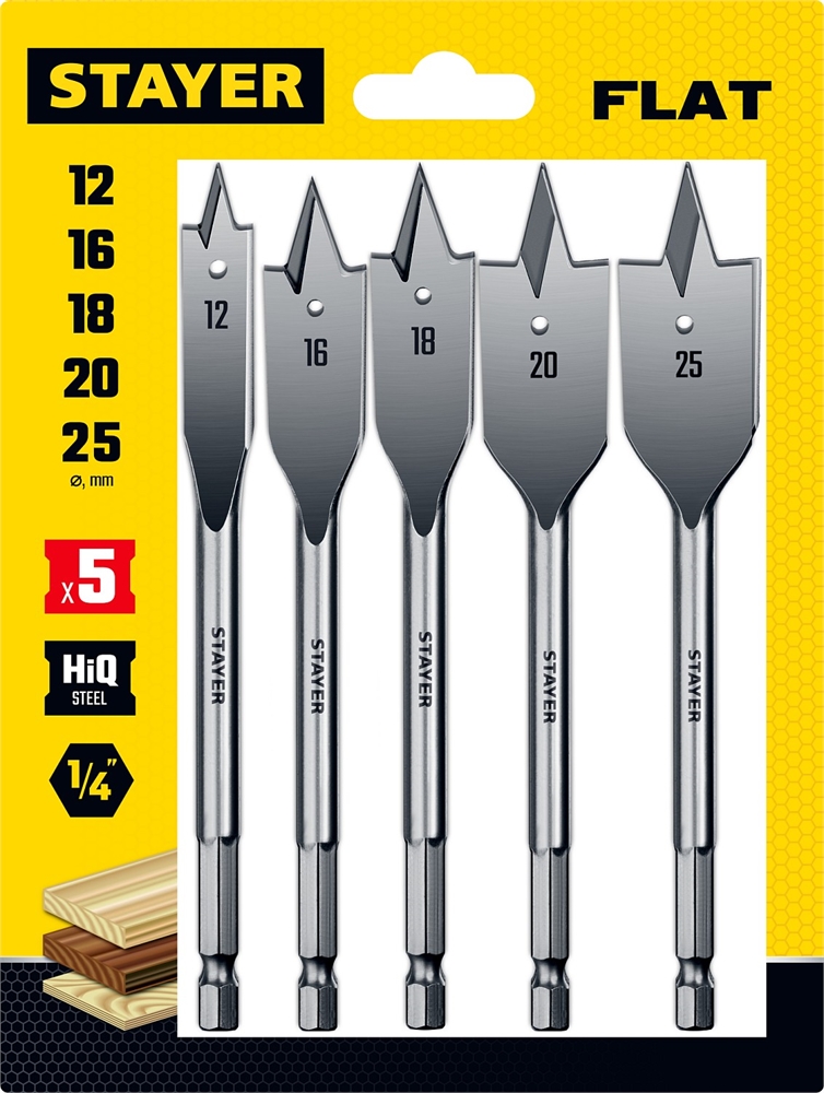 STAYER  Flat, 5  шт: 12-16-18-20-25 мм, набор перовых сверл  по дереву (2950-H5) 2950-H5