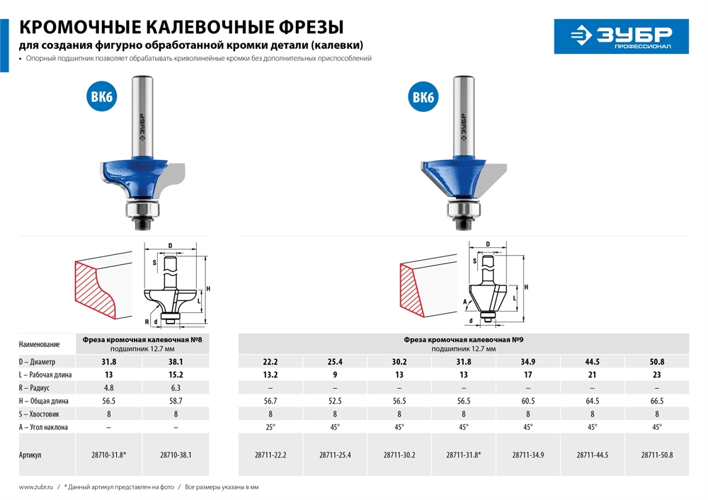 ЗУБР  50.8 x 27 мм, фреза кромочная калевочная (фасочная) №9, Профессионал (28711-50.8) 28711-50.8