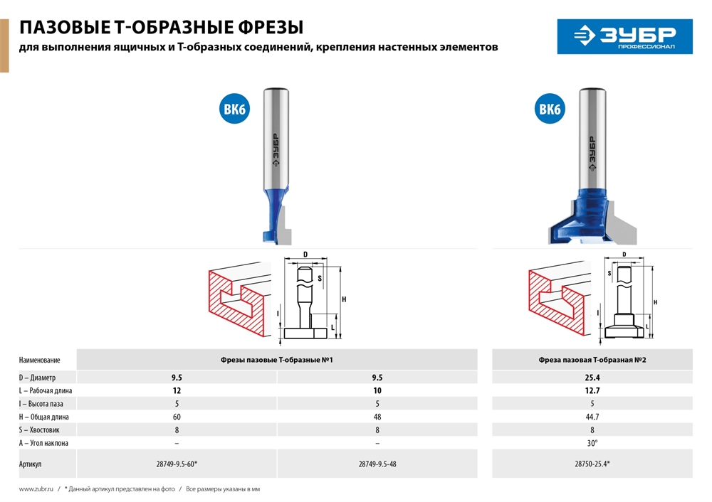 ЗУБР  9.5 x 10 мм, высота 5 мм, фреза пазовая Т-образная №1, Профессионал (28749-9.5-48) 28749-9.5-48