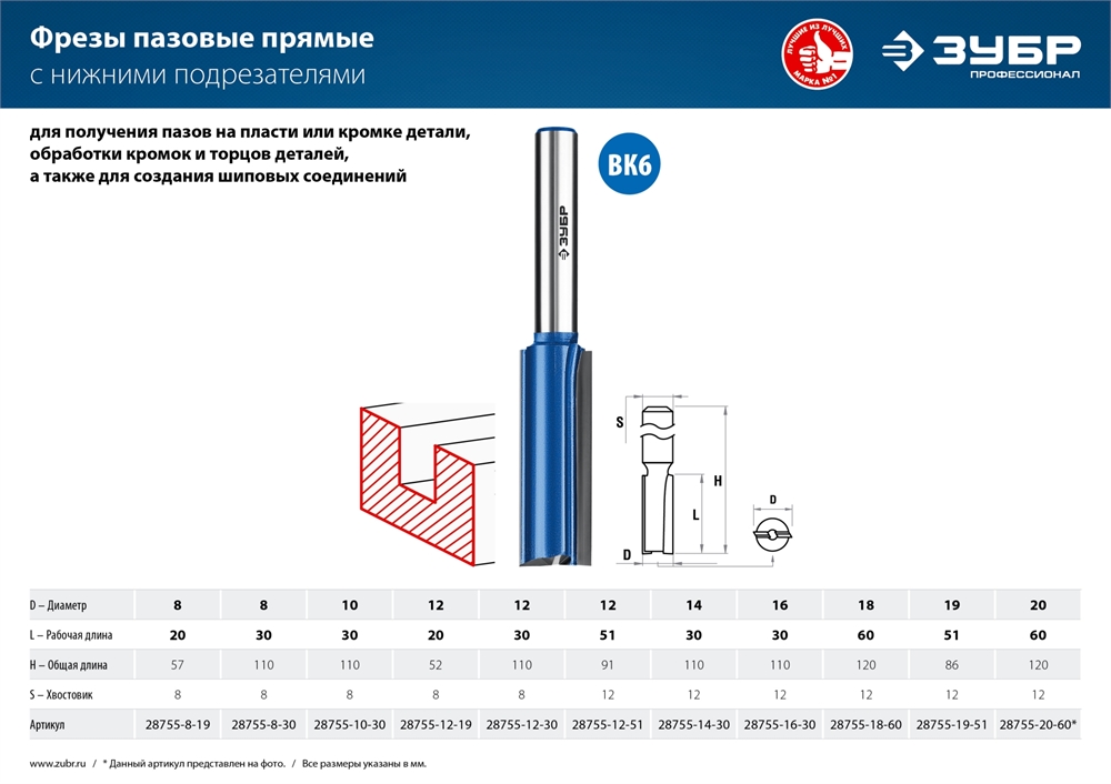 ЗУБР  18 x 60 мм, хвостовик 12 мм, фреза пазовая прямая с нижними подрезателями, Профессионал (28755-18-60) 28755-18-60