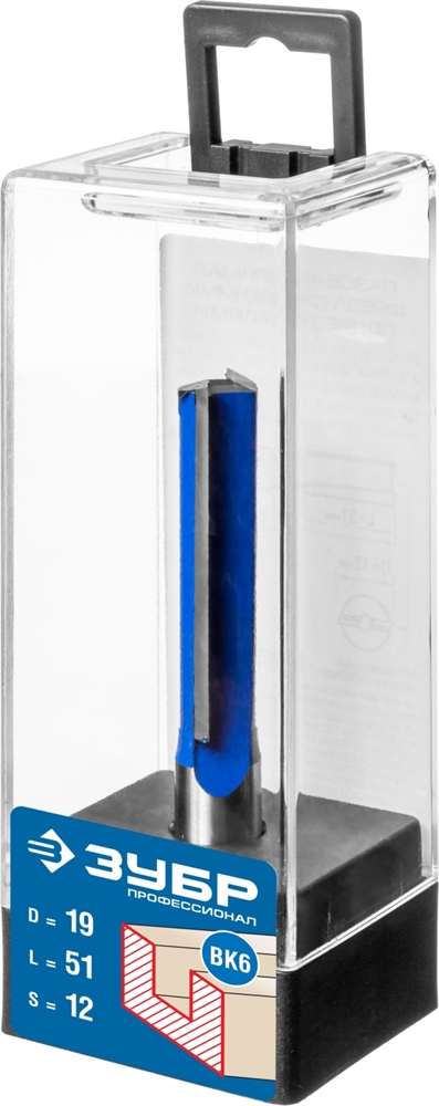 ЗУБР  19 x 51 мм, хвостовик 12 мм, фреза пазовая прямая с нижними подрезателями, Профессионал (28755-19-51) 28755-19-51