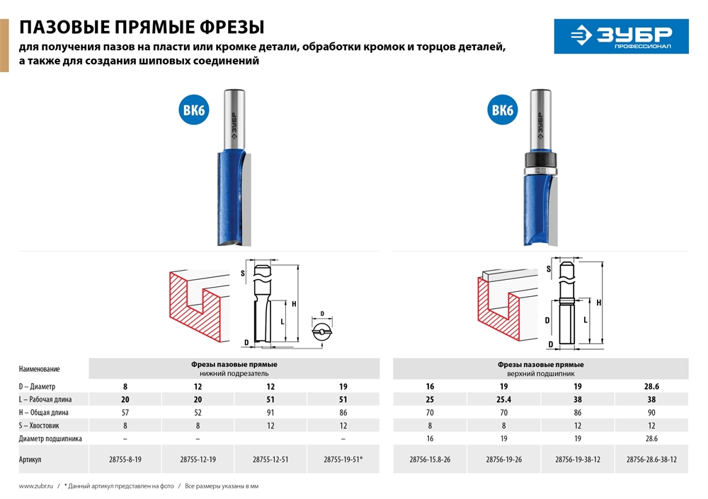 ЗУБР  19 x 51 мм, хвостовик 12 мм, фреза пазовая прямая с нижними подрезателями, Профессионал (28755-19-51) 28755-19-51