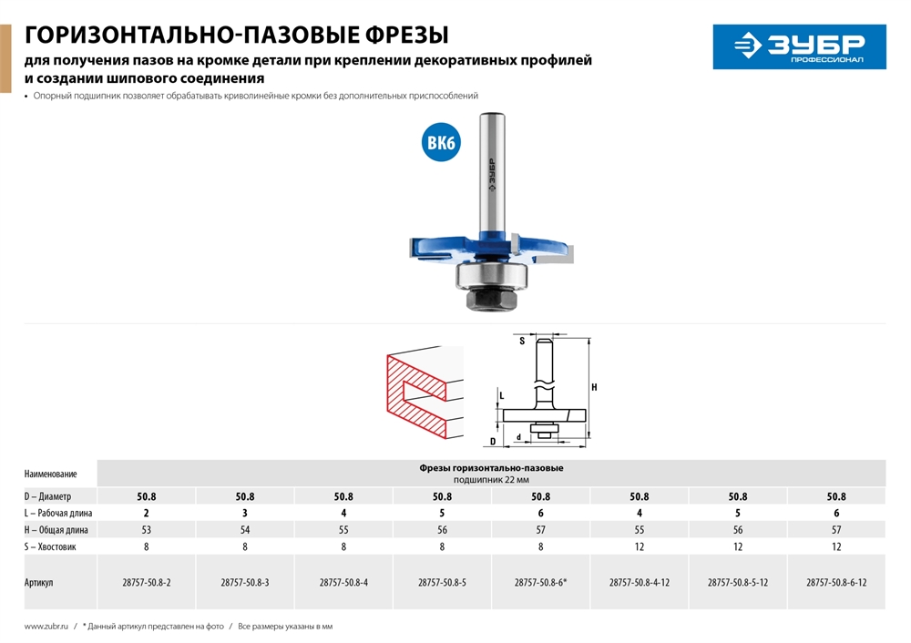 ЗУБР  50.8 x 3 мм, хвостовик 8 мм, фреза горизонтально-пазовая, Профессионал (28757-50.8-3) 28757-50.8-3