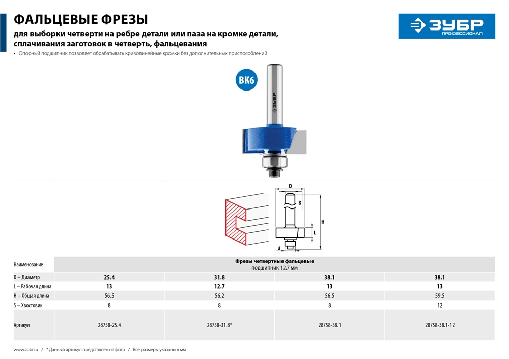 ЗУБР  38.1 x 13 мм, хвостовик 12 мм, фреза фальцевая, Профессионал (28758-38.1-12) 28758-38.1-12