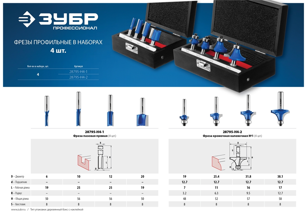 ЗУБР  4 шт, набор профильных фрез по дереву, Профессионал (28795-H4-2) 28795-H4-2