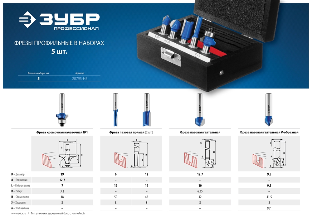 ЗУБР  5 шт, набор профильных фрез по дереву, Профессионал (28795-H5) 28795-H5