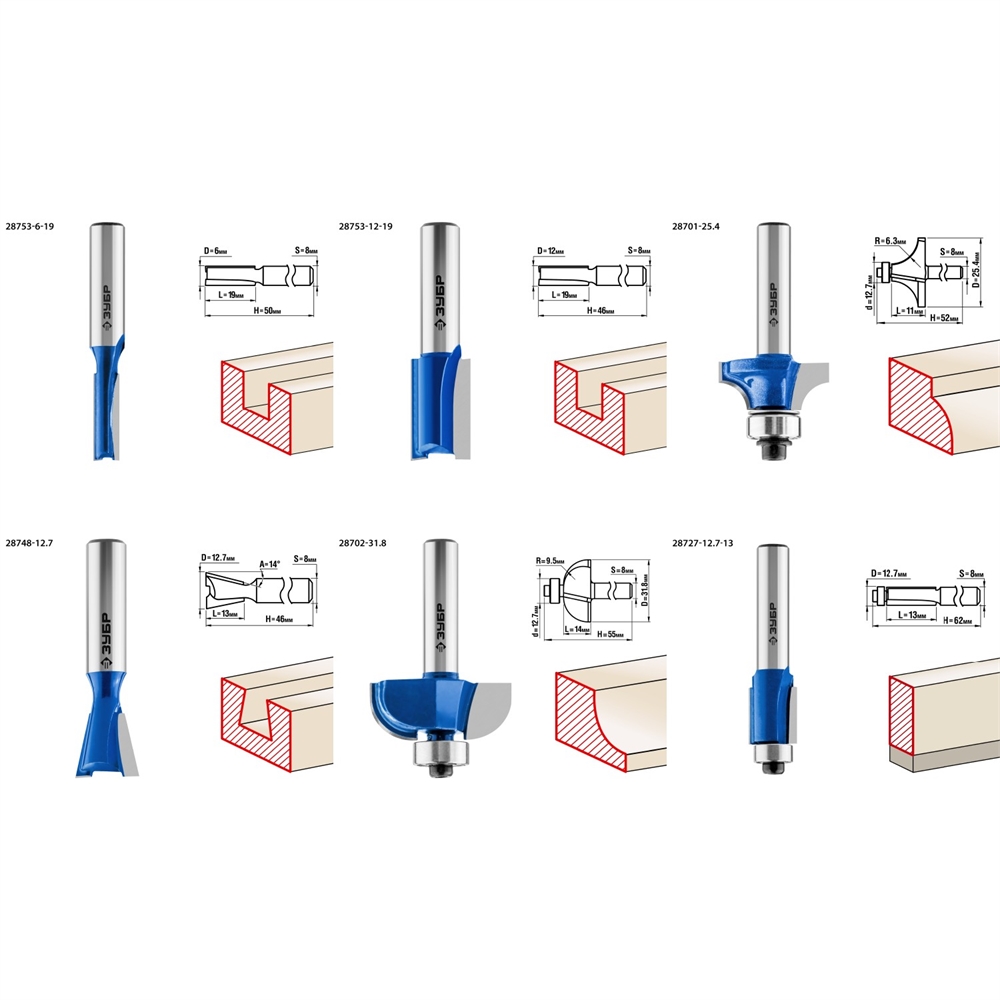 ЗУБР  6 шт, набор профильных фрез по дереву, Профессионал (28795-H6) 28795-H6