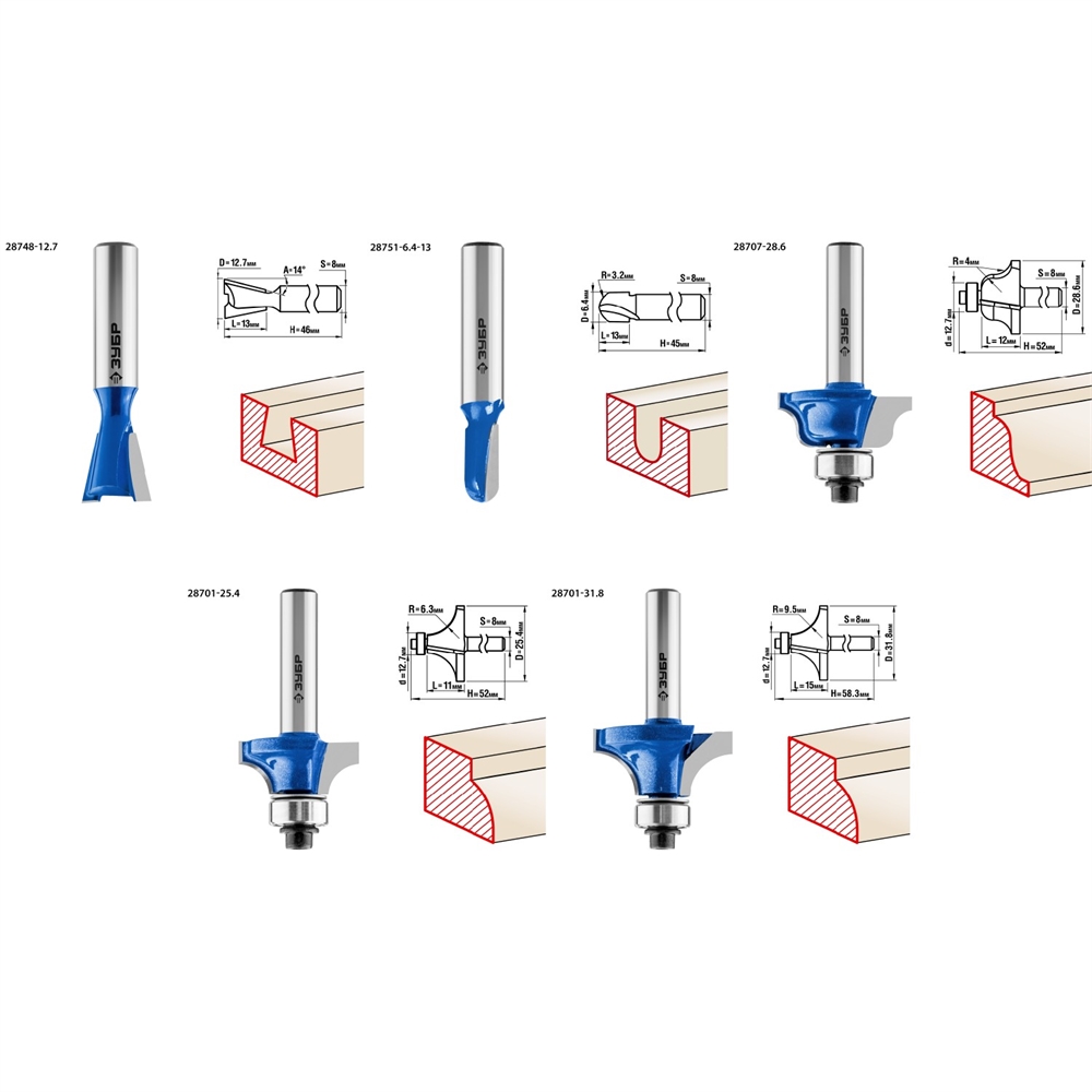 ЗУБР  12 шт, набор профильных фрез по дереву, Профессионал (28796-H12) 28796-H12