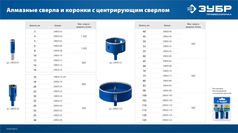 ЗУБР  АГК, d 73 мм, (центр. сверло, трехгр. хвост, Р60), алмазная коронка, Профессионал (29850-73) 29850-73