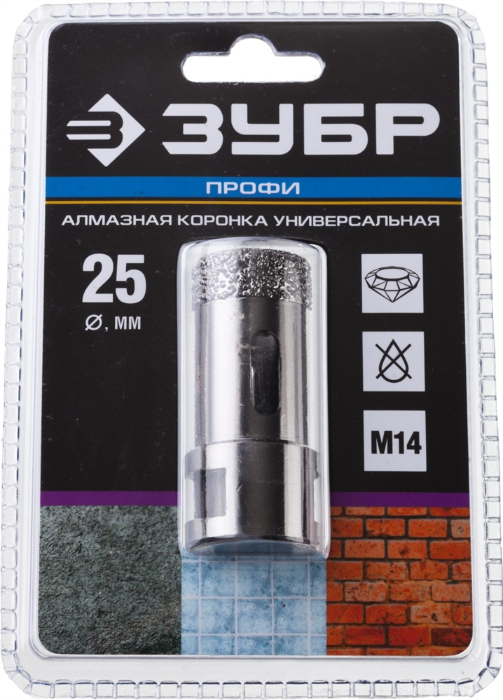 ЗУБР  АВК, d 25 мм, (М14, 15 мм кромка), вакуумная алмазная коронка, Профессионал (29865-25) 29865-25