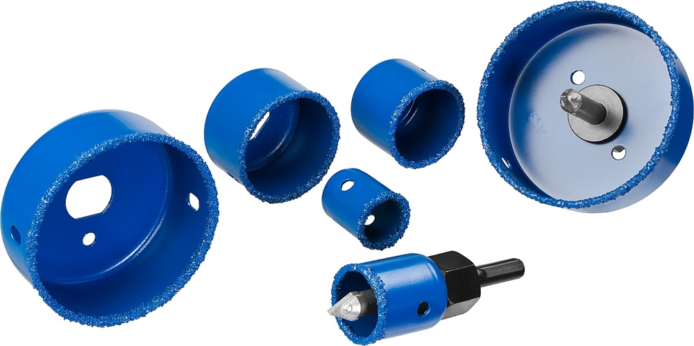 ЗУБР  6 шт, d 22, 28, 35, 44, 68, 73 мм, L 25 мм, карбид вольфрама, набор коронок-чашек с оснасткой, Профессионал (33360-H6) 33360-H6_z01