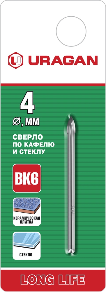 URAGAN  4 мм, 2х кромка, цилиндр хвостовик, Сверло по стеклу и кафелю (29830-04) 29830-04