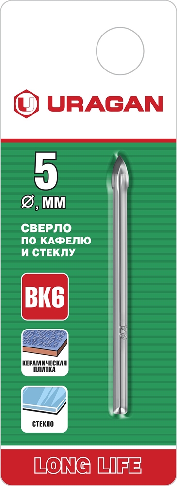 URAGAN  5 мм, 2х кромка, цилиндр хвостовик, Сверло по стеклу и кафелю (29830-05) 29830-05