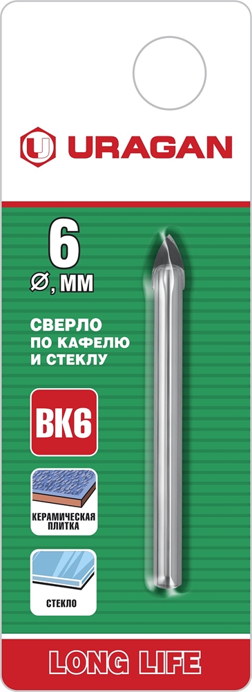 URAGAN  6 мм, 2х кромка, цилиндр хвостовик, Сверло по стеклу и кафелю (29830-06) 29830-06