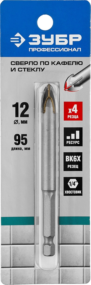 ЗУБР  12 мм, 4х кромка, HEX 1/4, Сверло по стеклу и кафелю, Профессионал (29845-12) 29845-12_z01