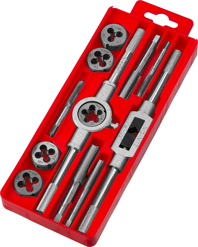 ЗУБР  12 предм., сталь 9ХС, набор метчиков и плашек в пластиковом боксе (28121-H12) 28121-H12