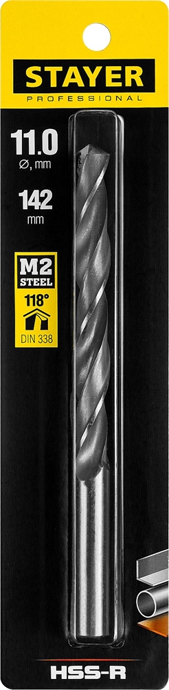 STAYER  HSS-R, 11.0 х 142 мм, быстрорежущая сталь P6M5, сверло по металлу, Professional (29602-11) 29602-11