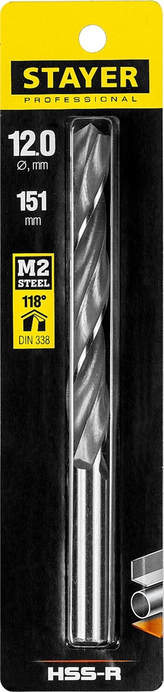 STAYER  HSS-R, 12.0 х 151 мм, быстрорежущая сталь P6M5, сверло по металлу, Professional (29602-12) 29602-12