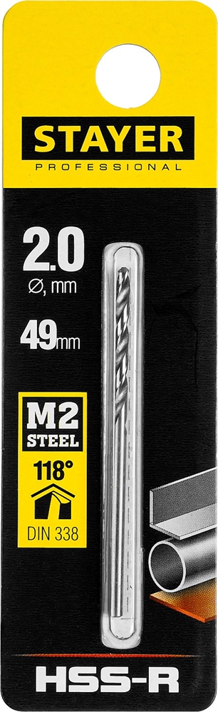 STAYER  HSS-R, 2.0 х 49 мм, быстрорежущая сталь P6M5, сверло по металлу, Professional (29602-2) 29602-2