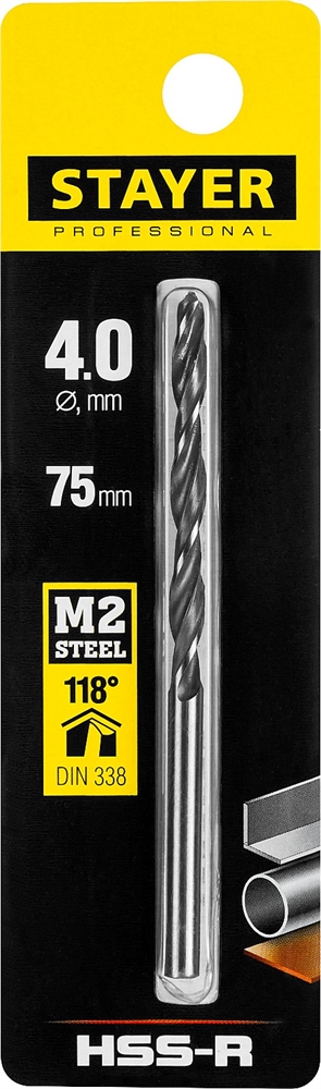 STAYER  HSS-R, 4.0 х 75 мм, быстрорежущая сталь P6M5, сверло по металлу, Professional (29602-4) 29602-4