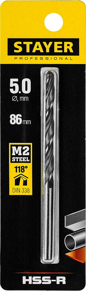 STAYER  HSS-R, 5.0 х 86 мм, быстрорежущая сталь P6M5, сверло по металлу, Professional (29602-5) 29602-5