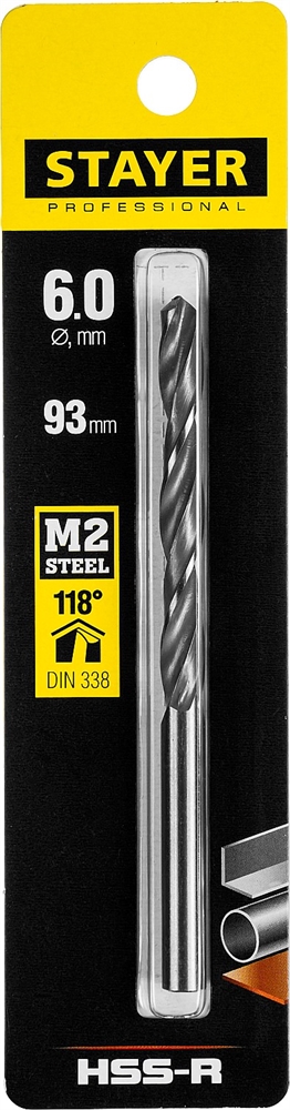 STAYER  HSS-R, 6.0 х 93 мм, быстрорежущая сталь P6M5, сверло по металлу, Professional (29602-6) 29602-6