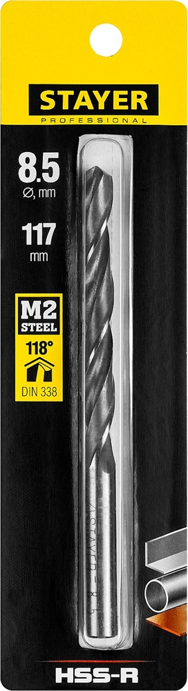 STAYER  HSS-R, 8.5 х 117 мм, быстрорежущая сталь P6M5, сверло по металлу, Professional (29602-8.5) 29602-8.5