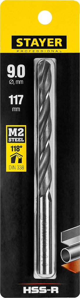 STAYER  HSS-R, 9.0 х 125 мм, быстрорежущая сталь P6M5, сверло по металлу, Professional (29602-9) 29602-9