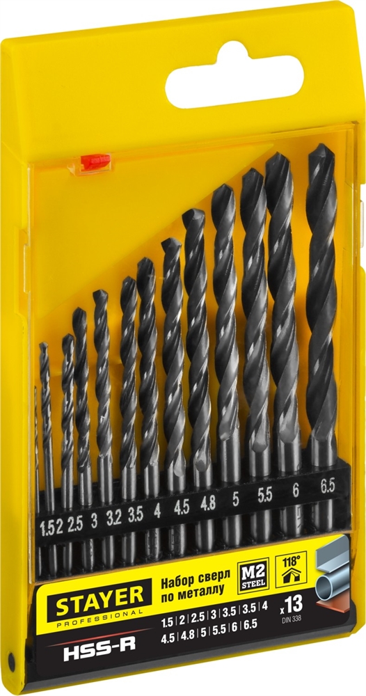 STAYER  HSS-R, 13 шт, (1.5-6.5 мм), быстрорежущая сталь P6M5, класс В, набор сверл по металлу, Professional (29602-H13) 29602-H13_z01