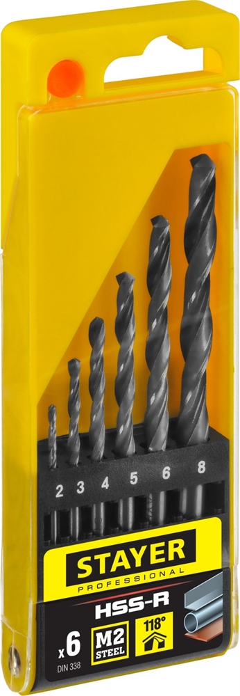 STAYER  HSS-R, 6 шт, (2-8 мм), быстрорежущая сталь P6M5, класс В, набор сверл по металлу, Professional (29602-H6) 29602-H6_z01