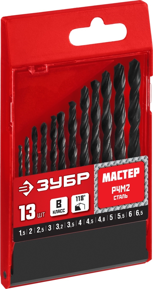 ЗУБР  13 шт, (1.5-6.5 мм), сталь Р4М2, класс В, набор сверл по металлу (29605-H13) 29605-H13