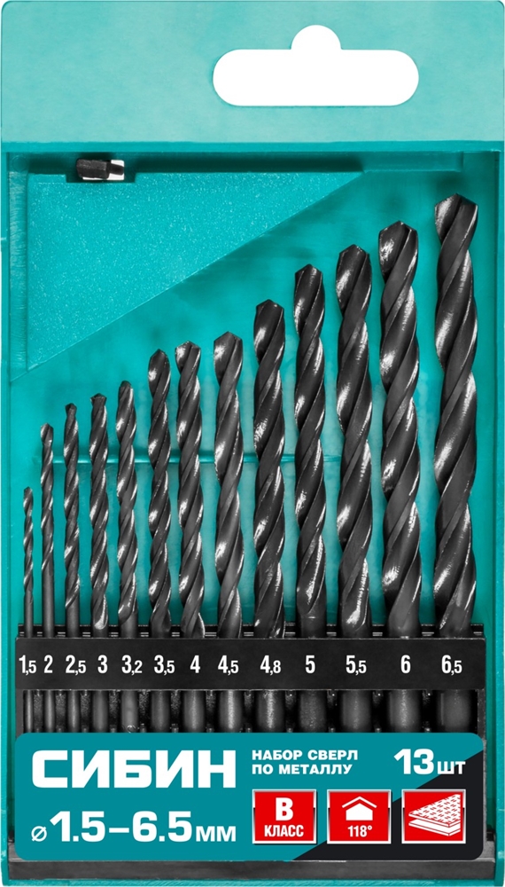 СИБИН  13 шт, (1.5-6.5 мм), быстрорежущая сталь, класс В, набор сверл по металлу (29610-H13) 29610-H13