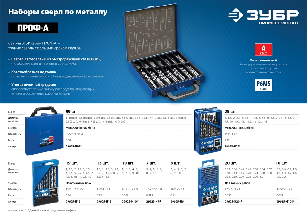ЗУБР  ПРОФ-А, 7 шт, (2.5-10.2 мм), сталь Р6М5, класс А, резьбовой, набор сверл по металлу, Профессионал (29625-H7R) 29625-H7R