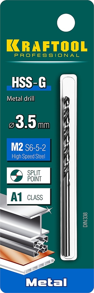 KRAFTOOL  HSS-G, 3.5 х 70 мм, сталь P6M5, сверло по металлу (29651-3.5) 29651-3.5