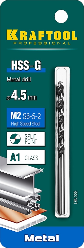 KRAFTOOL  HSS-G, 4.5 х 80 мм, сталь P6M5, сверло по металлу (29651-4.5) 29651-4.5