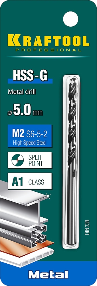 KRAFTOOL  HSS-G, 5.0 х 86 мм, сталь P6M5, сверло по металлу (29651-5) 29651-5